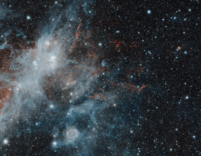 The supernova remnant HBH 3 can be seen as wispy red tendrils in this Spitzer Space Telescope image. The other objects are star forming regions. Credit: NASA/JPL-Caltech/IPAC