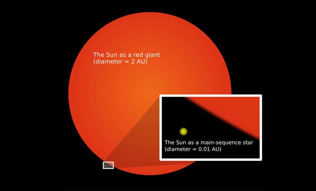 The size of the Sun now (1.4 million km) compared to when it becomes a red giant in about 7 billion years. 1 AU is the distance from the Earth to the Sun now, 150 million km. Credit: Oona Räisänen 