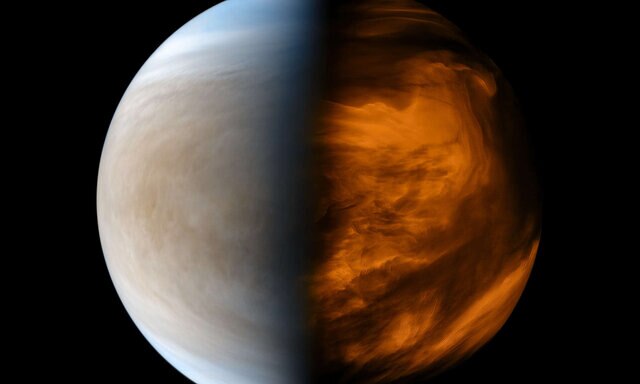 Processed image from the Japanese Akatsuki spacecraft showing Venus in ultraviolet (left) which emphasizes clouds, and infrared (right) which shows its thermal signature. Credit: JAXA/ISAS/DARTS/Kevin M. Gill
