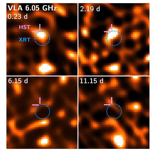 Very Large Array images of GRB 200522A show it rapidly fading over just a few days. The lilac crosshairs show the position measured using Hubble, and the blue dashed circle from Swift’s X-Ray Telescope. Credit: Fong et al.