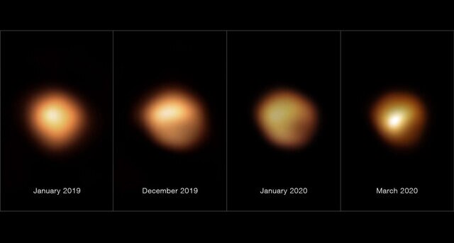 Four images from the Very Large Telescope of the red supergiant Betelgeuse (from left to right: Jan. 2019, Dec. 2019, Jan. 2020, March 2020) showing not only that it dimmed, but also that only parts of it got fainter. Credit: ESO/M. Montargès et al.
