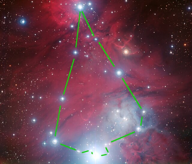 The Christmas Tree Cluster, outlined to show the tree part. Credit: ESO