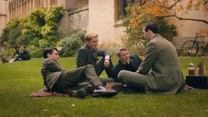 Anthony Boyle, Tom Glynn-Carney, Patrick Gibson and Nicholas Hoult in Tolkien