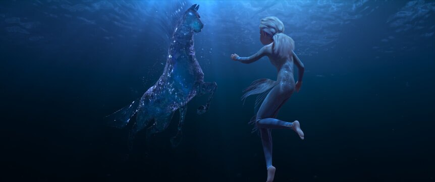 Elsa swims with a horse made of water in Frozen 2