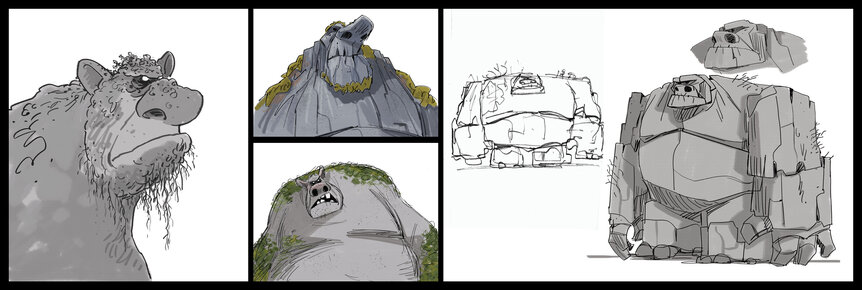 Hand drawn concept art of giants made of rock and earth