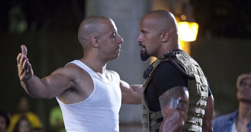 Vin Diesel and Dwayne Johnson argue with each other in Fast Five (2011)