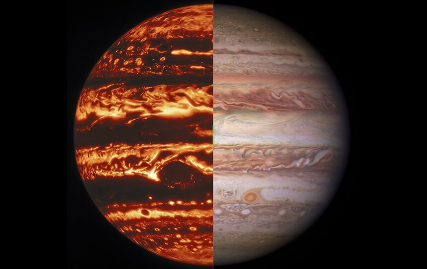 Jupiter seen by Gemini (left) and Hubble (right)