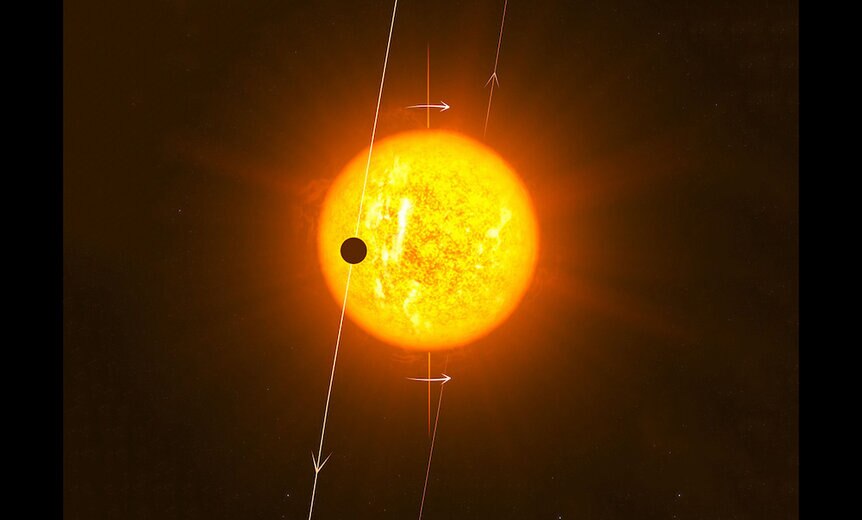 Artwork showing polar orbiting planet around the star WASP-79b