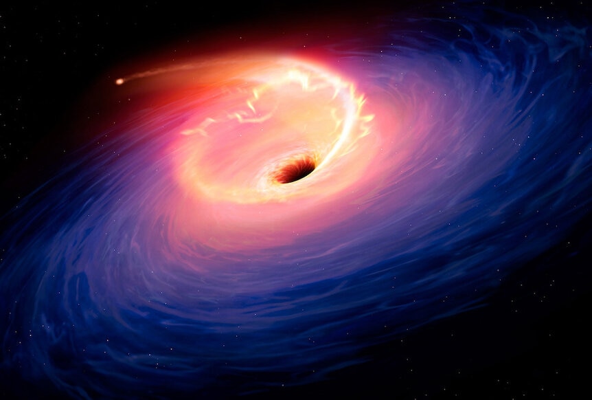 Artwork depicting a black hole drawing material off a nearby star.