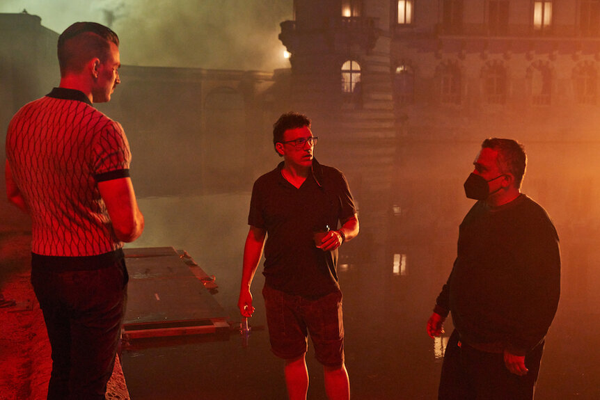 (L to R) Chris Evans as Lloyd Hansen, Anthony Russo (Director-Producer), Joe Russo (Director-Producer-Writer) of The Gray Man (2022)