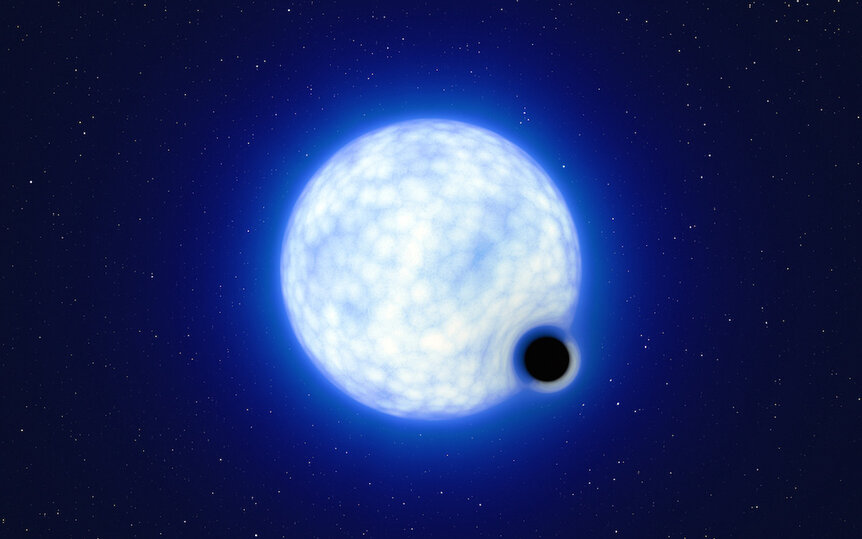 Art depicting a black hole (lower right) orbiting a more massive star