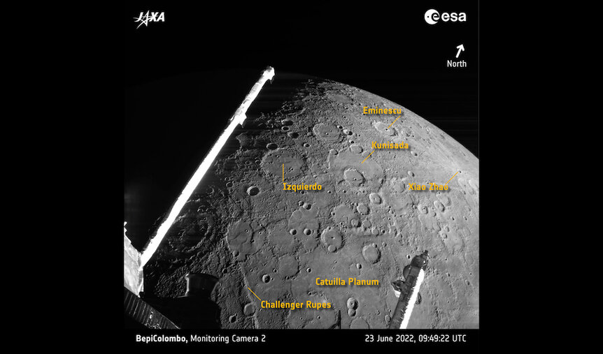 Annotated rugged surface of Mercury seen by the spacecraft BepiColombo.