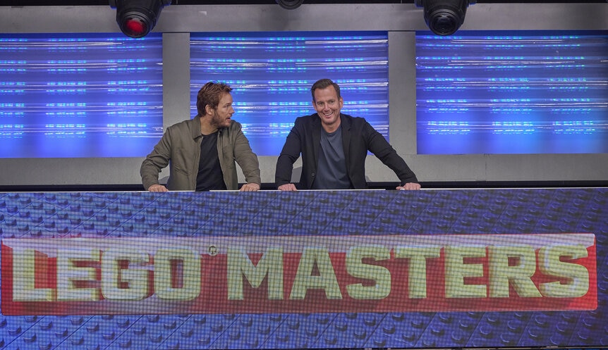 Guest star Chris Pratt and Host Will Arnett in in the “Jurass-Brick World”