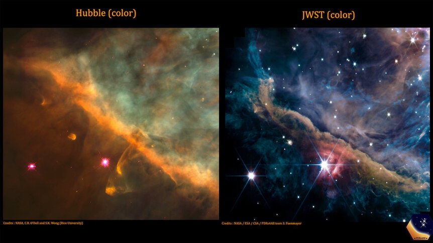 Hubble (left) versus JWST (right) image of the Orion Bar