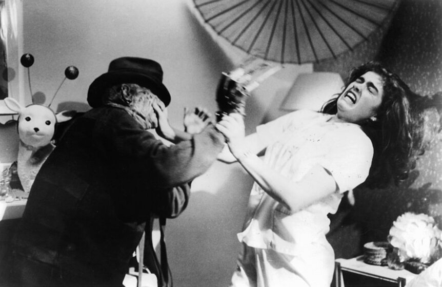 Robert Englund attacks Heather Langenkamp in a scene from the film 'A Nightmare On Elm Street', 1984