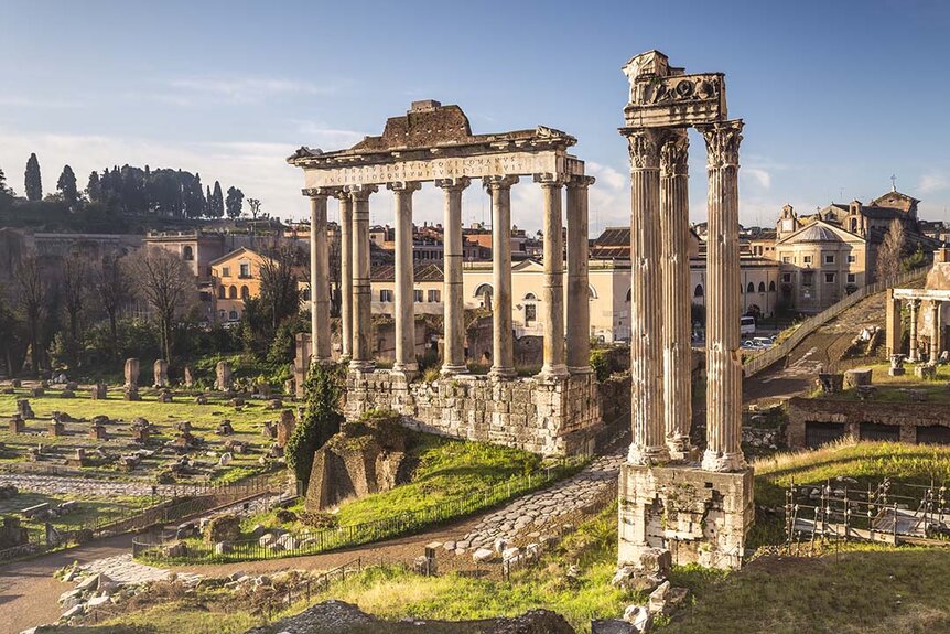 The Temple of Saturn in the Roman Forum, Rome.