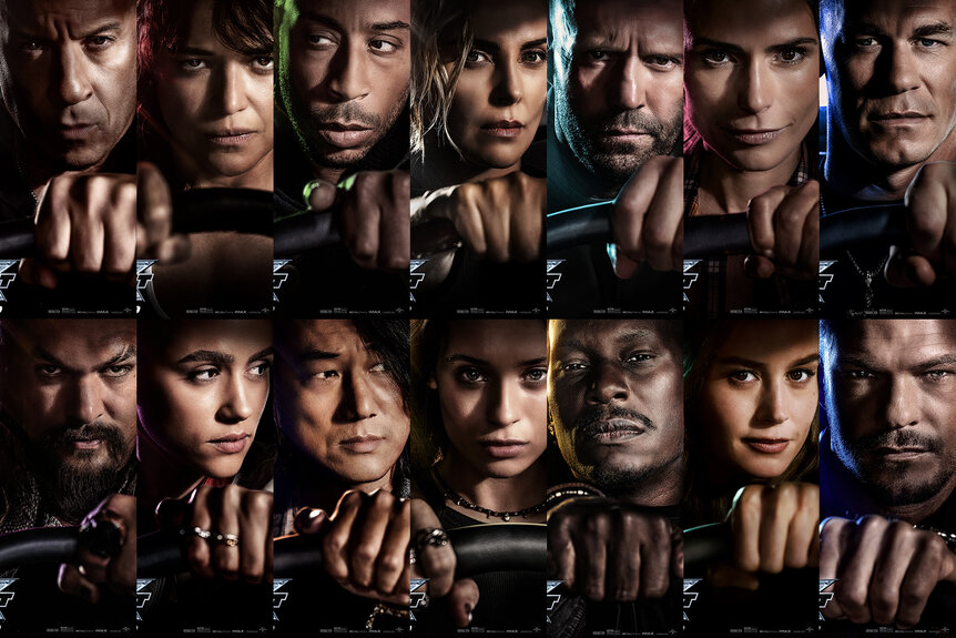 A composite of posters depicting the characters from Fast X behind the wheel of a car