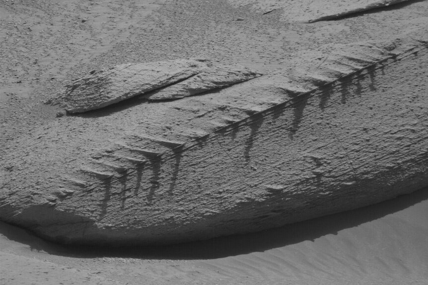 Bone-like structures jut from a Martian rock