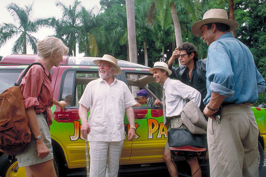(L-R) Laura Dern as Dr. Ellie Sattler, Richard Attenborough as John Hammond, Martin Ferrero as Gennaro, Jeff Goldblum as Dr. Ian Malcolm and Sam Neill as Dr. Alan Grant, in a scene from the film Jurassic Park (1993).
