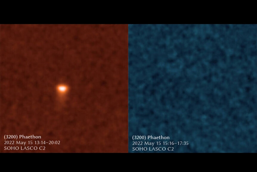An orange and red filter comparisonn of a photo of an asteroid.