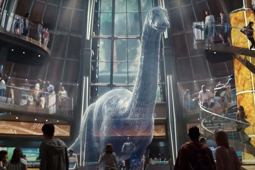 An Apatosaurus hologram in a museum in the Jurassic Park film series.