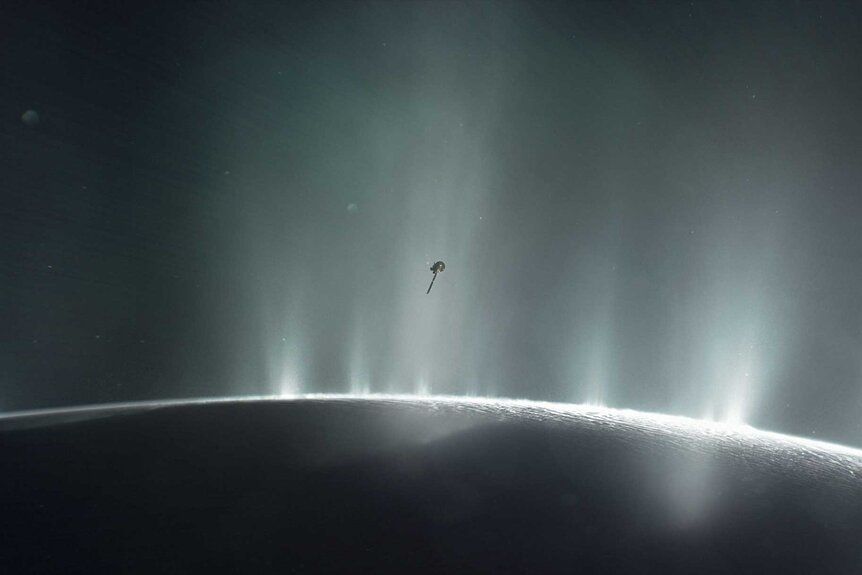 This illustration shows Cassini diving through the Enceladus plume in 2015