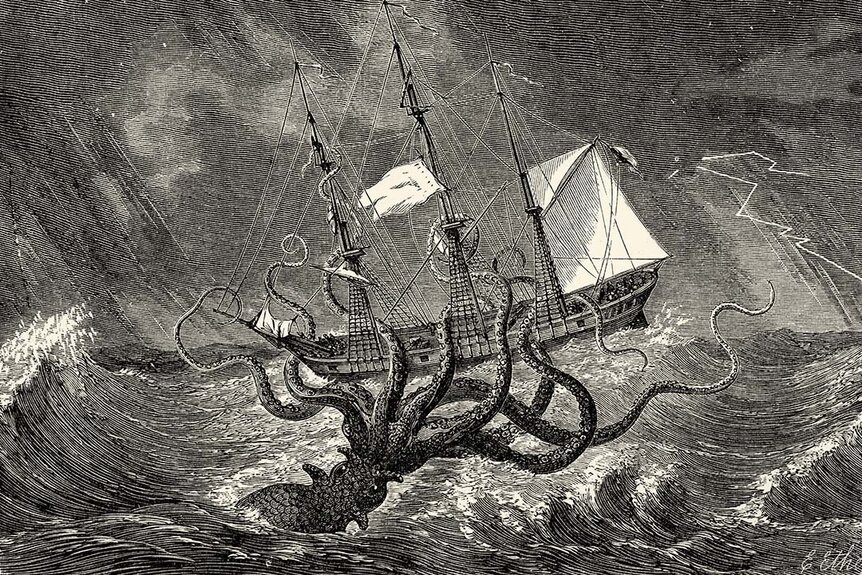 An illustration of a giant kraken monster taking down a ship