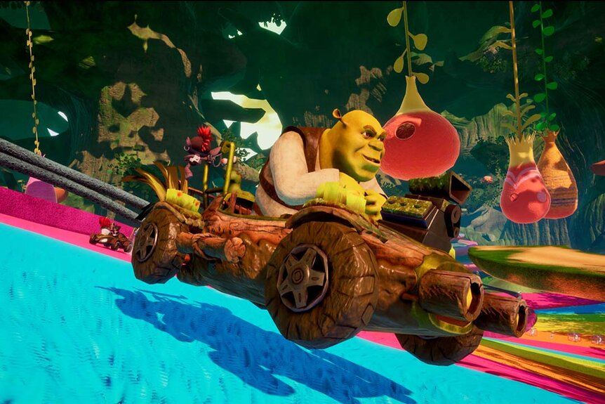 A still image from Dreamworks All-Star Kart Racing game featuring Shrek on a kart