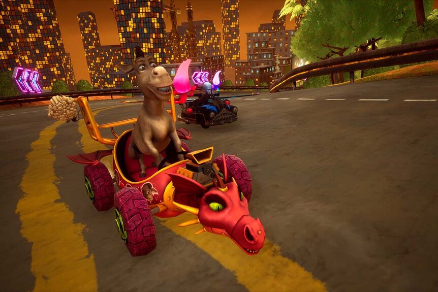 Dwaskr Screenshot3aA still image from Dreamworks All-Star Kart Racing game featuring Donkey on a kart