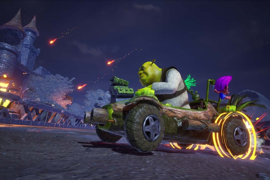 A still image from Dreamworks All-Star Kart Racing game featuring Shrek on a kart
