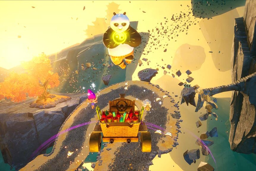 A still image from Dreamworks All-Star Kart Racing game featuring Po floating over a kart