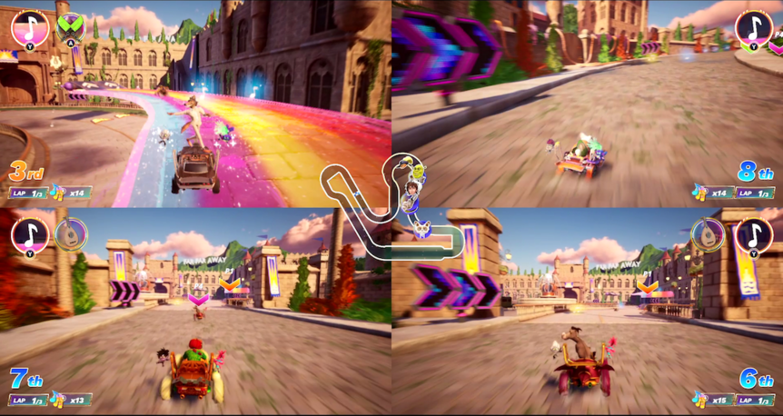 A four-player split still of the Dreamworks All-Star Kart Racing game