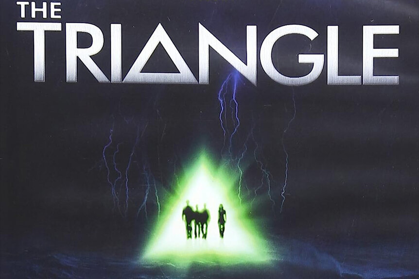 The logo for the sci-fi mini-series The Triangle featuring the outline of people within a glowing green triangle.