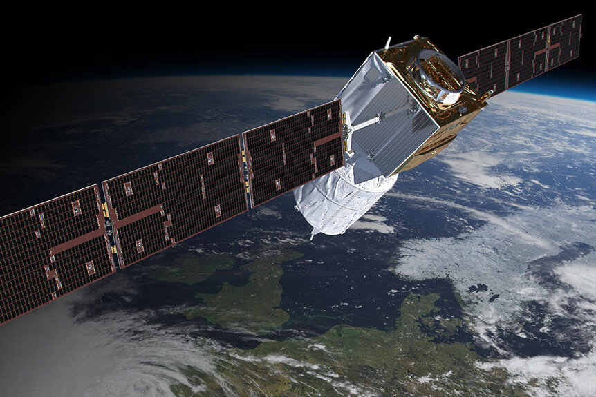 Illustration of the ESA's Aeolus satellite in orbit