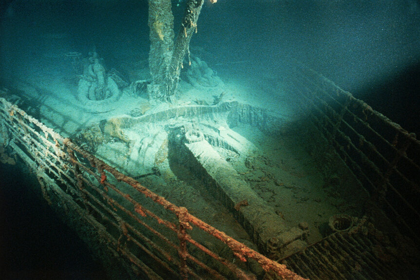 The forepeek of the shipwrecked Titanic, covered in rusticles and Halomonas bacteria.