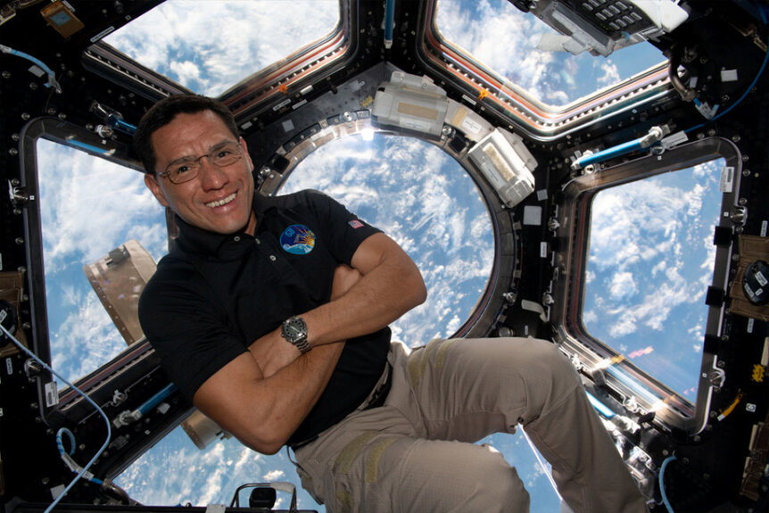 NASA astronaut Frank Rubio floats inside the International Space Station's cupola.