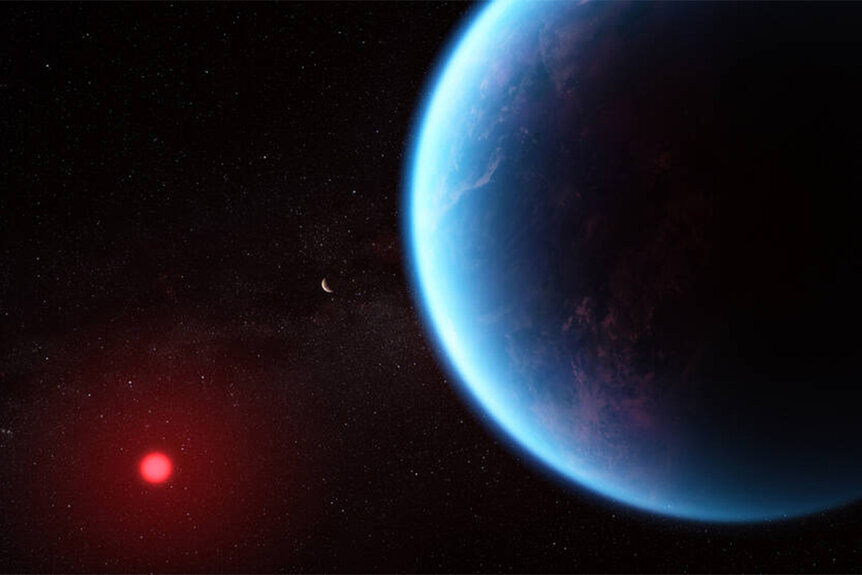 This artist’s concept shows what exoplanet K2-18 b could look like based on science data.