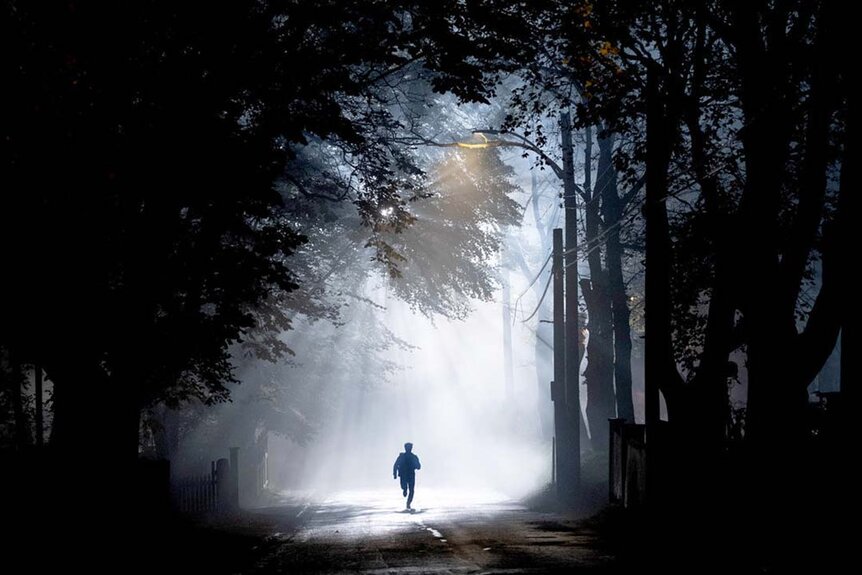 A silhouetted man walks through a beam of light in a forest SurrealEstate 201 "Trust the Process".