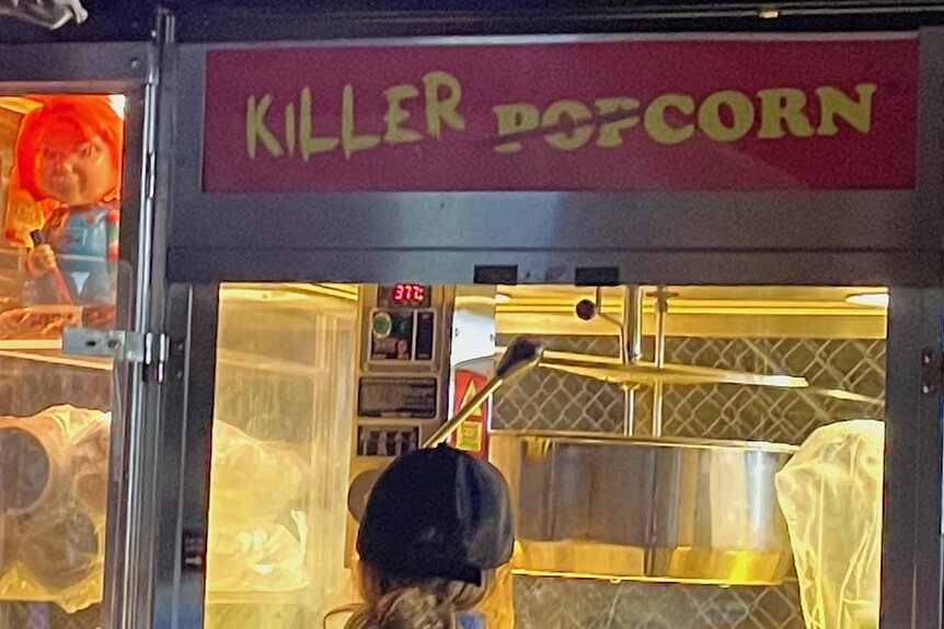 Killer popcorn at the Chucky activation at Halloween Horror Nights 2023 at Universal Studios Hollywood.