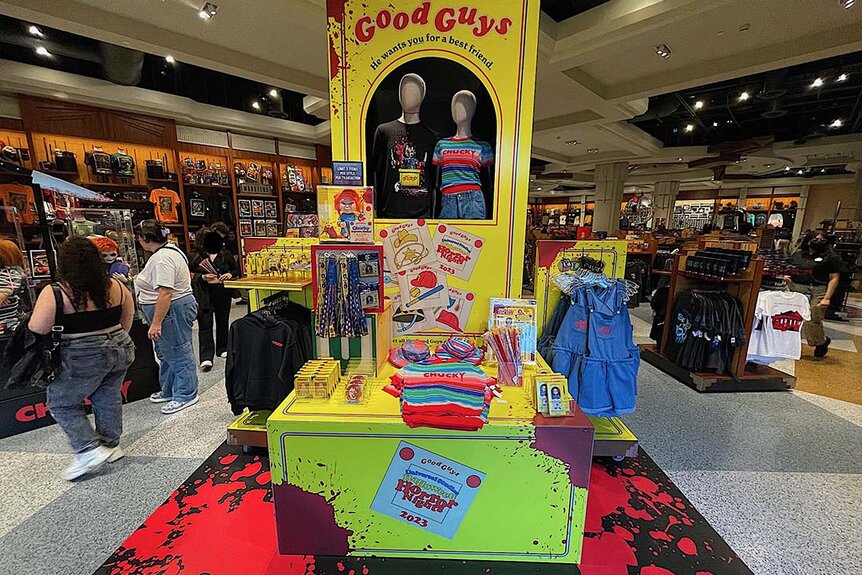 Merch displays at the Chucky activation at Halloween Horror Nights 2023 at Universal Studios Hollywood.