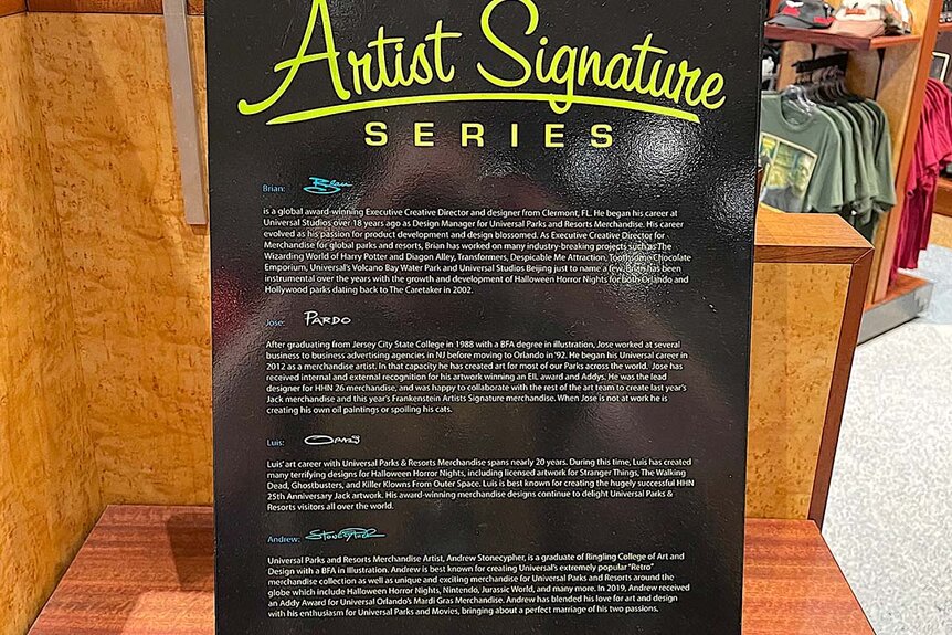 Artist Signature series guide at the Chucky activation at Halloween Horror Nights 2023 at Universal Studios Hollywood.