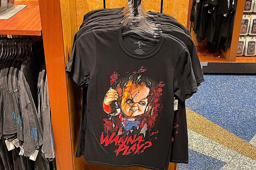A merch shirt at the Chucky activation at Halloween Horror Nights 2023 at Universal Studios Hollywood.