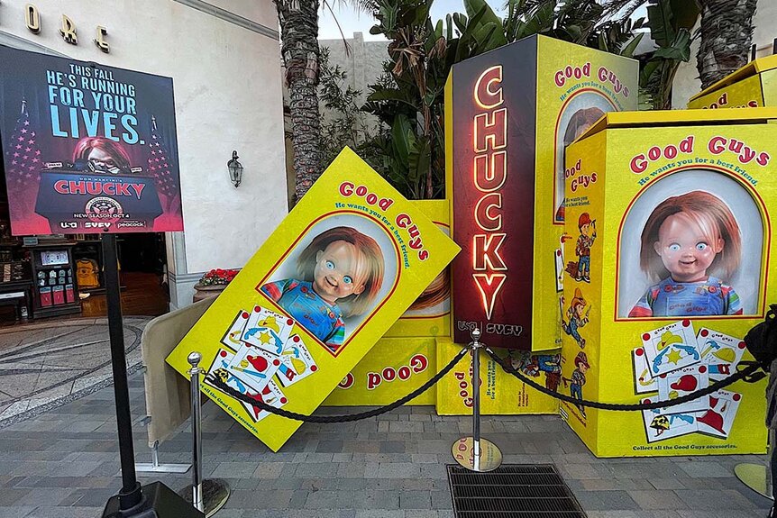 A photo op at the Chucky activation at Halloween Horror Nights 2023 at Universal Studios Hollywood.