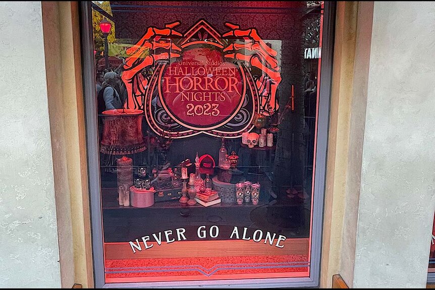 A window display for Halloween Horror Nights 2023 at Universal Studios Hollywood.