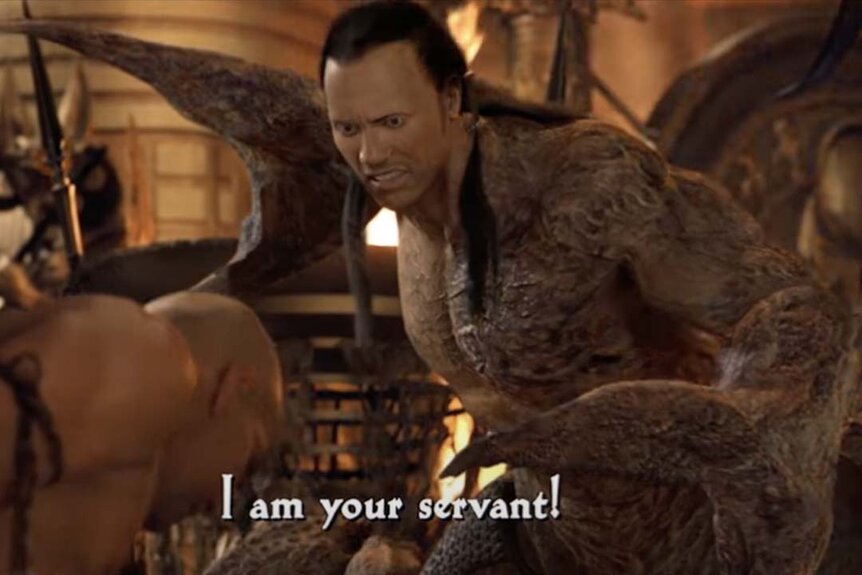 The Scorpion King (Dwayne Johnson) watches a man bow to him in The Mummy Returns (2001)