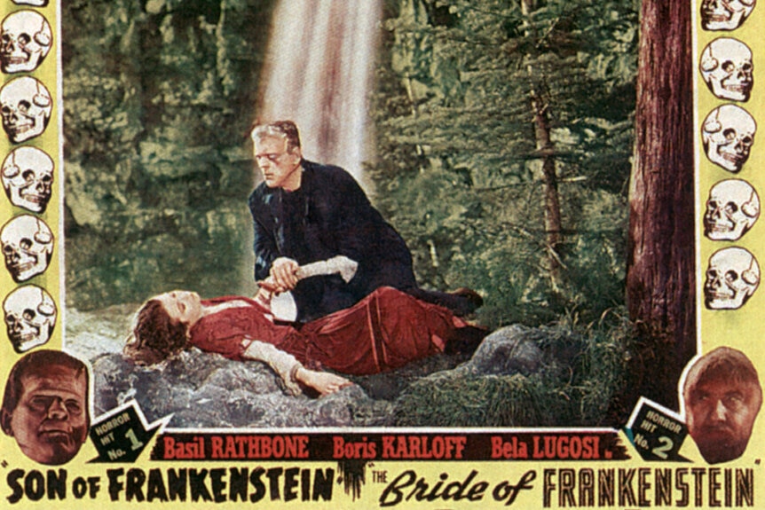 Frankenstein's creation (Boris Karloff) (R) looks over Elsa von Frankenstein (Josephine Hutchinson) who lays on a rock in the woods in Son of Frankenstein (1939).