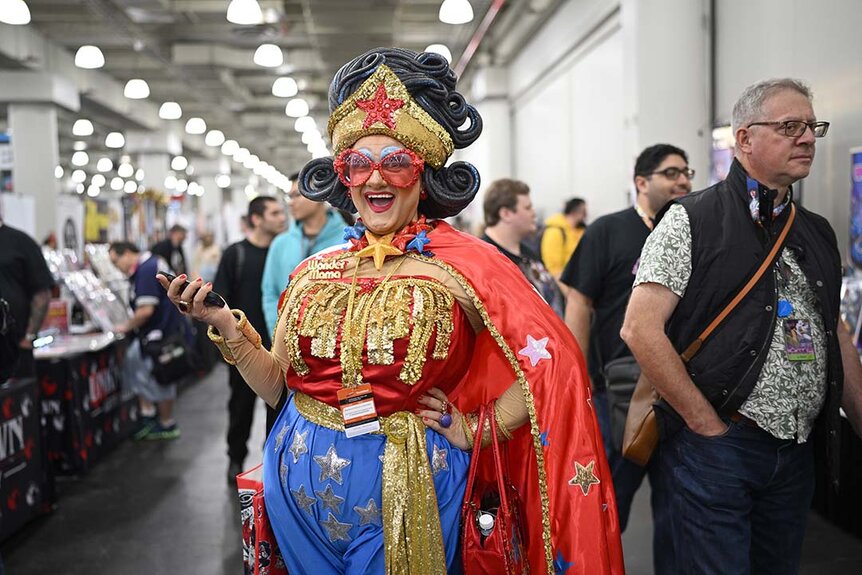 A cosplayer poses as a Wonder Woman during New York Comic Con 2023 - Day 1 at Javits Center.