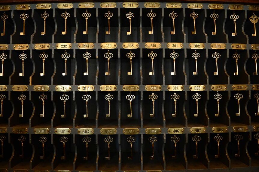 Keys that were once used in the rooms on display in the Stanley Hotel on January 12, 2016 in Estes Park, Colorado.