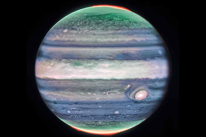 A photo of mage of Jupiter from NASA’s James Webb Space Telescope’s NIRCam (Near-Infrared Camera)