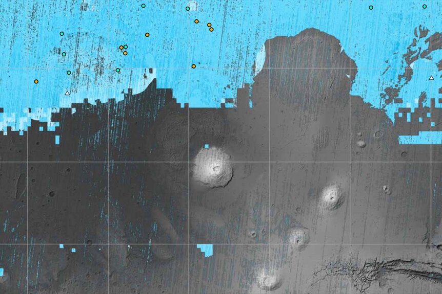 An ice map of mars showing regions of Mars where subsurface water has been detected.